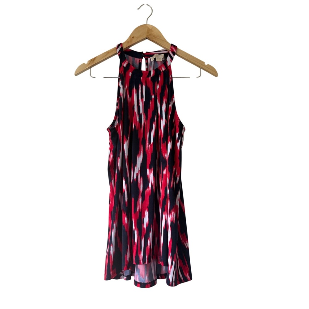 Michael Kors Halter Top Medium Red Navy Abstract Ikat Sleeveless Keyhole Back